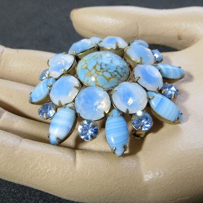 Vintage jewelry huge Moonstone cabochons blue rhinestones brooch Vintage jewelry huge Moonstone cabochons blue rhinestones brooch