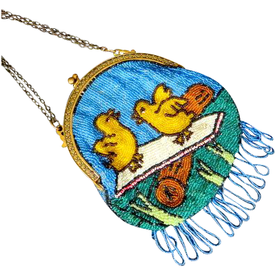 Antique French beaded purse handbag possibly Easter theme baby chicks Antique French beaded purse handbag possibly Easter theme baby chicks