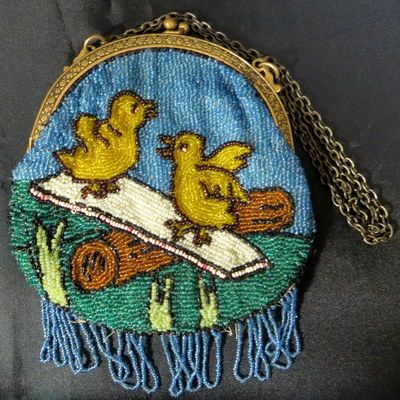 Antique French beaded purse handbag possibly Easter theme baby chicks Antique French beaded purse handbag possibly Easter theme baby chicks
