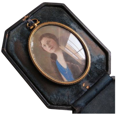 Vintage hand painted miniature portrait of lady on glass in travel case Vintage hand painted miniature portrait of lady on glass in travel case