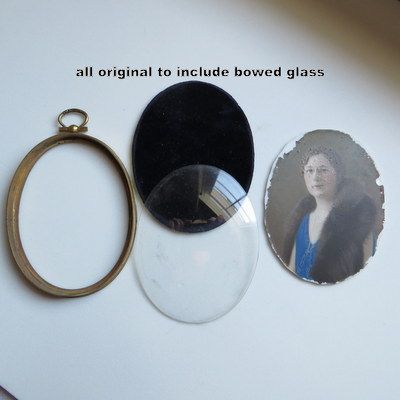 Vintage hand painted miniature portrait of lady on glass in travel case Vintage hand painted miniature portrait of lady on glass in travel case