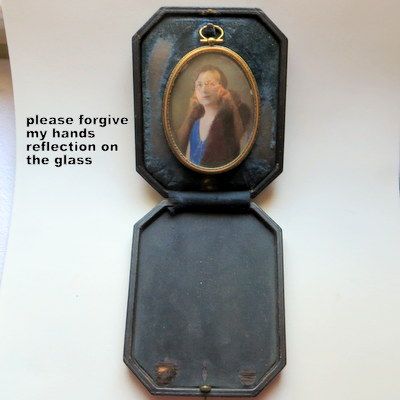 Vintage hand painted miniature portrait of lady on glass in travel case Vintage hand painted miniature portrait of lady on glass in travel case