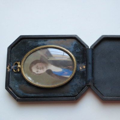 Vintage hand painted miniature portrait of lady on glass in travel case Vintage hand painted miniature portrait of lady on glass in travel case