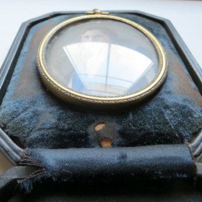 Vintage hand painted miniature portrait of lady on glass in travel case Vintage hand painted miniature portrait of lady on glass in travel case