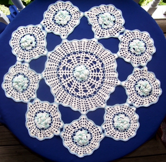 Unique Pattern Blue and White Rosettes with Circles Hand Crocheted, Parlor Table Doily Unique Pattern Blue and White Rosettes with Circles Hand Crocheted, Parlor Table Doily
