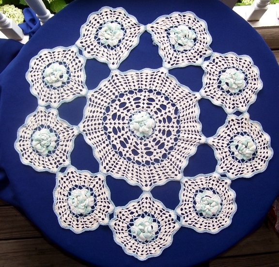 Unique Pattern Blue and White Rosettes with Circles Hand Crocheted, Parlor Table Doily Unique Pattern Blue and White Rosettes with Circles Hand Crocheted, Parlor Table Doily