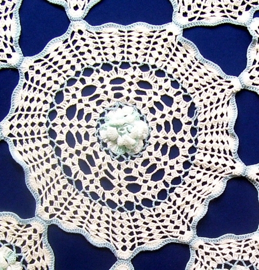 Unique Pattern Blue and White Rosettes with Circles Hand Crocheted, Parlor Table Doily Unique Pattern Blue and White Rosettes with Circles Hand Crocheted, Parlor Table Doily