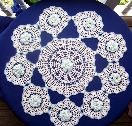 Unique Pattern Blue and White Rosettes with Circles Hand Crocheted, Parlor Table Doily Unique Pattern Blue and White Rosettes with Circles Hand Crocheted, Parlor Table Doily