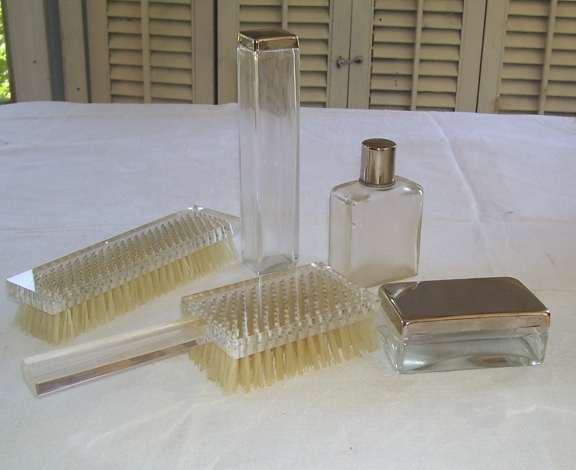 Gentleman's Lucite 5 Pc. Traveling Set Clothes Brush, Hair Brush,Glass Toothpaste Bottle, Soap Dish Gentleman's Lucite 5 Pc. Traveling Set Clothes Brush, Hair Brush,Glass Toothpaste Bottle, Soap Dish