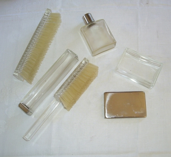 Gentleman's Lucite 5 Pc. Traveling Set Clothes Brush, Hair Brush,Glass Toothpaste Bottle, Soap Dish Gentleman's Lucite 5 Pc. Traveling Set Clothes Brush, Hair Brush,Glass Toothpaste Bottle, Soap Dish