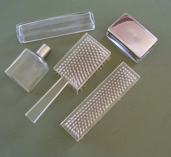 Gentleman's Lucite 5 Pc. Traveling Set Clothes Brush, Hair Brush,Glass Toothpaste Bottle, Soap Dish Gentleman's Lucite 5 Pc. Traveling Set Clothes Brush, Hair Brush,Glass Toothpaste Bottle, Soap Dish