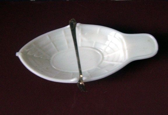 1874 White Milk Glass Pickle Boat with Fork 1874 White Milk Glass Pickle Boat with Fork