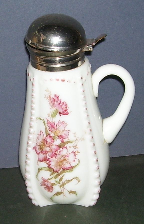 Antique White Milk Glass Beaded Trim Painted Flowers Syrup Pitcher Antique White Milk Glass Beaded Trim Painted Flowers Syrup Pitcher