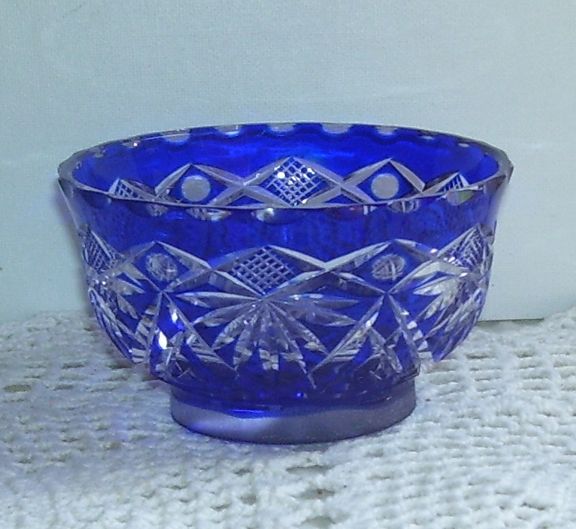 Czech Blue and Clear Etched Crystal Glass Jam Dish Czech Blue and Clear Etched Crystal Glass Jam Dish