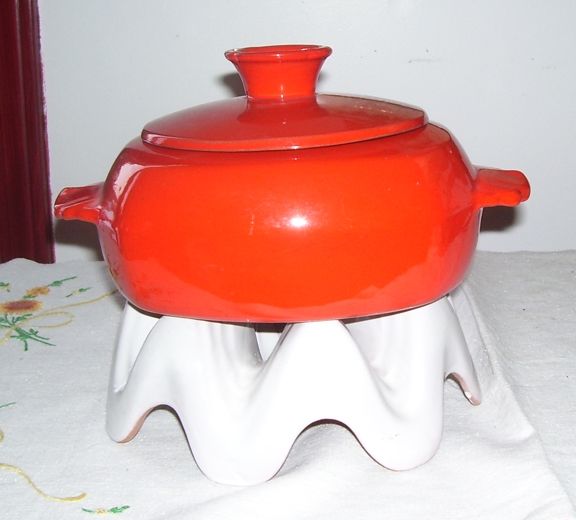 Frankoma Orange and White Fondue Pottery Warming Dish with Stand Frankoma Orange and White Fondue Pottery Warming Dish with Stand
