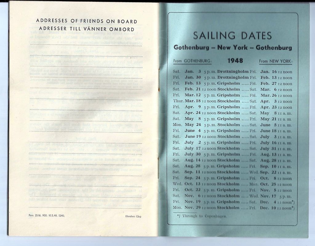 1948 Motor Swedish Motor Liner Information on First Class Passengers Returning from WW2, 1948 Motor Swedish Motor Liner Information on First Class Passengers Returning from WW2,