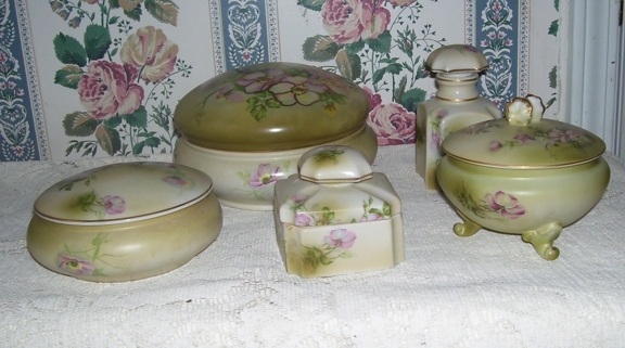 5 Piece Hand Painted Porcelain Nippon Vanity Set, Scent Jar , Covered Jar, Covered Hair Receiver, Powder Jar, Jewelry Trinket Jar 5 Piece Hand Painted Porcelain Nippon Vanity Set, Scent Jar , Covered Jar, Covered Hair Receiver, Powder Jar, Jewelry Trinket Jar