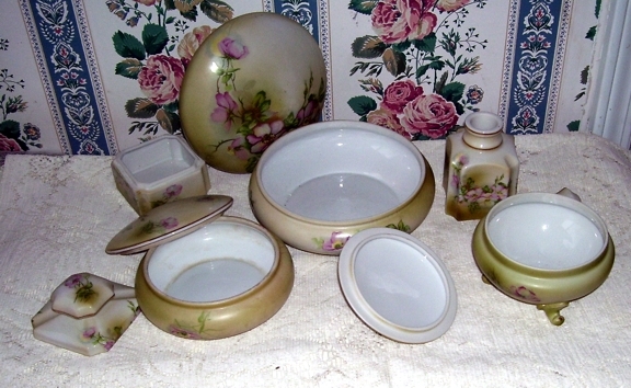 5 Piece Hand Painted Porcelain Nippon Vanity Set, Scent Jar , Covered Jar, Covered Hair Receiver, Powder Jar, Jewelry Trinket Jar 5 Piece Hand Painted Porcelain Nippon Vanity Set, Scent Jar , Covered Jar, Covered Hair Receiver, Powder Jar, Jewelry Trinket Jar