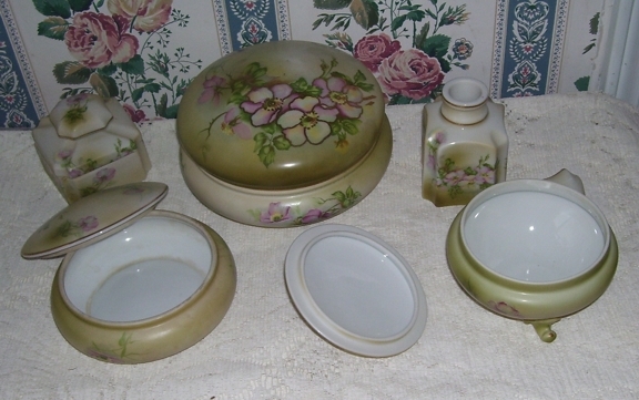 5 Piece Hand Painted Porcelain Nippon Vanity Set, Scent Jar , Covered Jar, Covered Hair Receiver, Powder Jar, Jewelry Trinket Jar 5 Piece Hand Painted Porcelain Nippon Vanity Set, Scent Jar , Covered Jar, Covered Hair Receiver, Powder Jar, Jewelry Trinket Jar