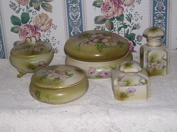 5 Piece Hand Painted Porcelain Nippon Vanity Set, Scent Jar , Covered Jar, Covered Hair Receiver, Powder Jar, Jewelry Trinket Jar 5 Piece Hand Painted Porcelain Nippon Vanity Set, Scent Jar , Covered Jar, Covered Hair Receiver, Powder Jar, Jewelry Trinket Jar