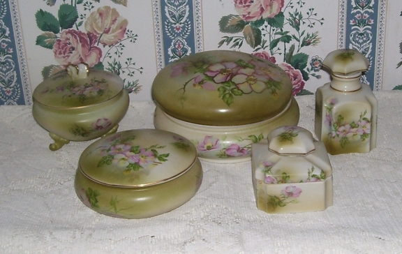 5 Piece Hand Painted Porcelain Nippon Vanity Set, Scent Jar , Covered Jar, Covered Hair Receiver, Powder Jar, Jewelry Trinket Jar 5 Piece Hand Painted Porcelain Nippon Vanity Set, Scent Jar , Covered Jar, Covered Hair Receiver, Powder Jar, Jewelry Trinket Jar