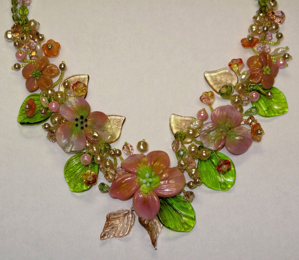 Sculptured Art Glass Flower Baroque Pearl Swarovski Crystal Beaded Necklace by Inna Victoria Sculptured Art Glass Flower Baroque Pearl Swarovski Crystal Beaded Necklace by Inna Victoria