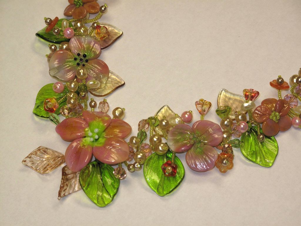Sculptured Art Glass Flower Baroque Pearl Swarovski Crystal Beaded Necklace by Inna Victoria Sculptured Art Glass Flower Baroque Pearl Swarovski Crystal Beaded Necklace by Inna Victoria