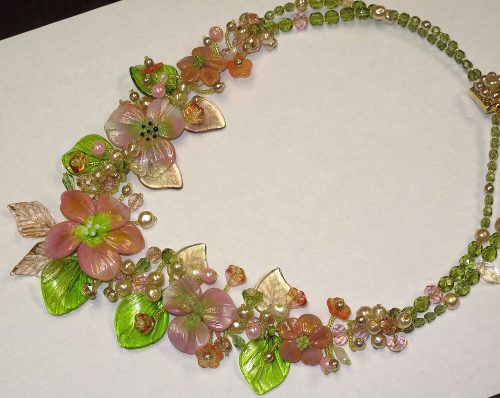 Sculptured Art Glass Flower Baroque Pearl Swarovski Crystal Beaded Necklace by Inna Victoria Sculptured Art Glass Flower Baroque Pearl Swarovski Crystal Beaded Necklace by Inna Victoria