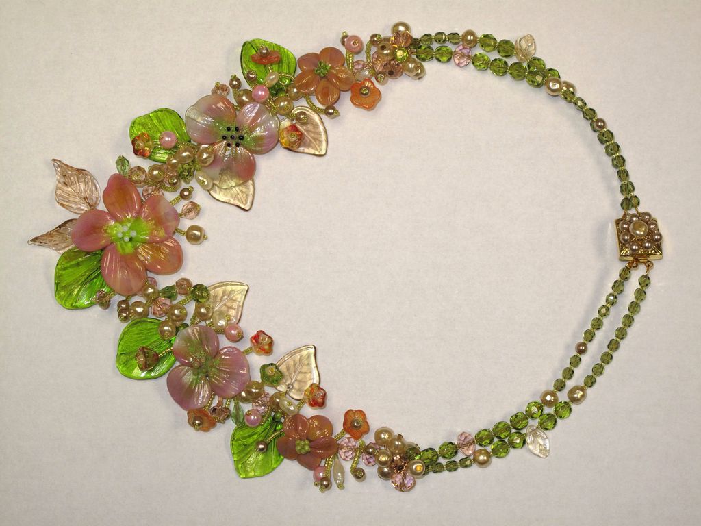 Sculptured Art Glass Flower Baroque Pearl Swarovski Crystal Beaded Necklace by Inna Victoria Sculptured Art Glass Flower Baroque Pearl Swarovski Crystal Beaded Necklace by Inna Victoria