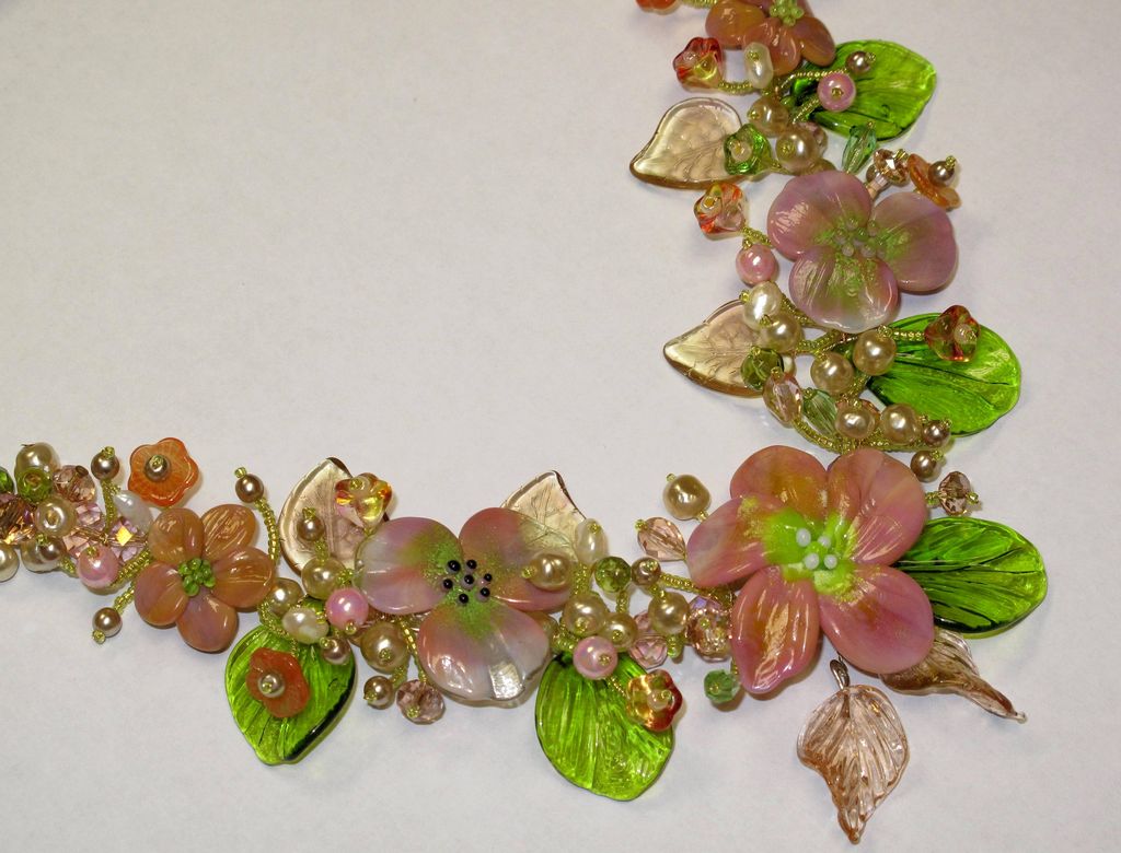Sculptured Art Glass Flower Baroque Pearl Swarovski Crystal Beaded Necklace by Inna Victoria Sculptured Art Glass Flower Baroque Pearl Swarovski Crystal Beaded Necklace by Inna Victoria