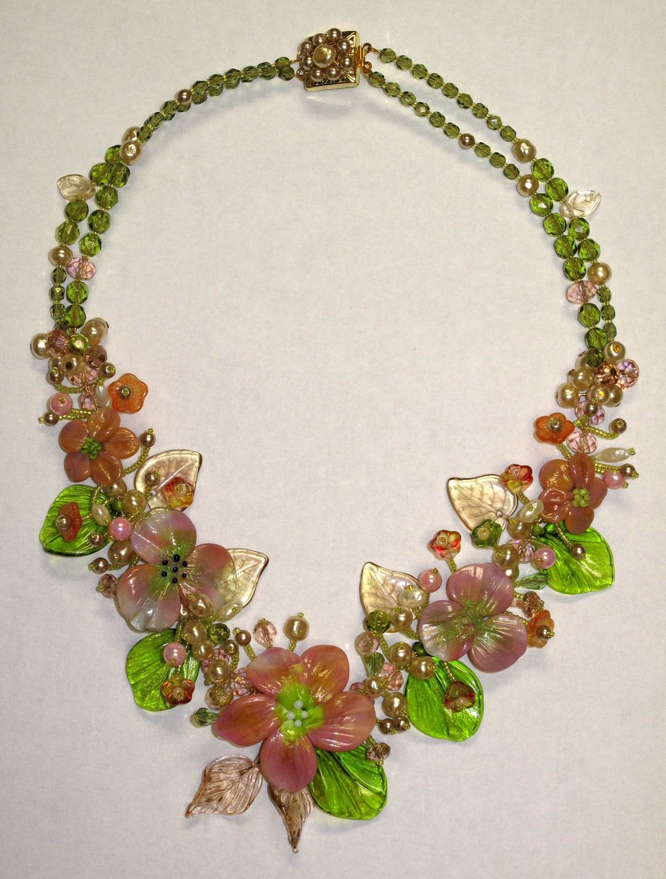 Sculptured Art Glass Flower Baroque Pearl Swarovski Crystal Beaded Necklace by Inna Victoria Sculptured Art Glass Flower Baroque Pearl Swarovski Crystal Beaded Necklace by Inna Victoria