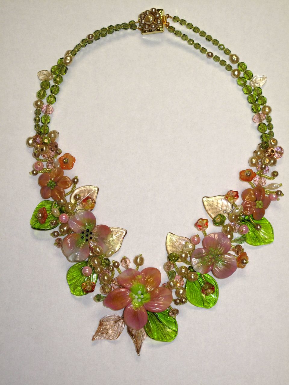 Sculptured Art Glass Flower Baroque Pearl Swarovski Crystal Beaded Necklace by Inna Victoria Sculptured Art Glass Flower Baroque Pearl Swarovski Crystal Beaded Necklace by Inna Victoria