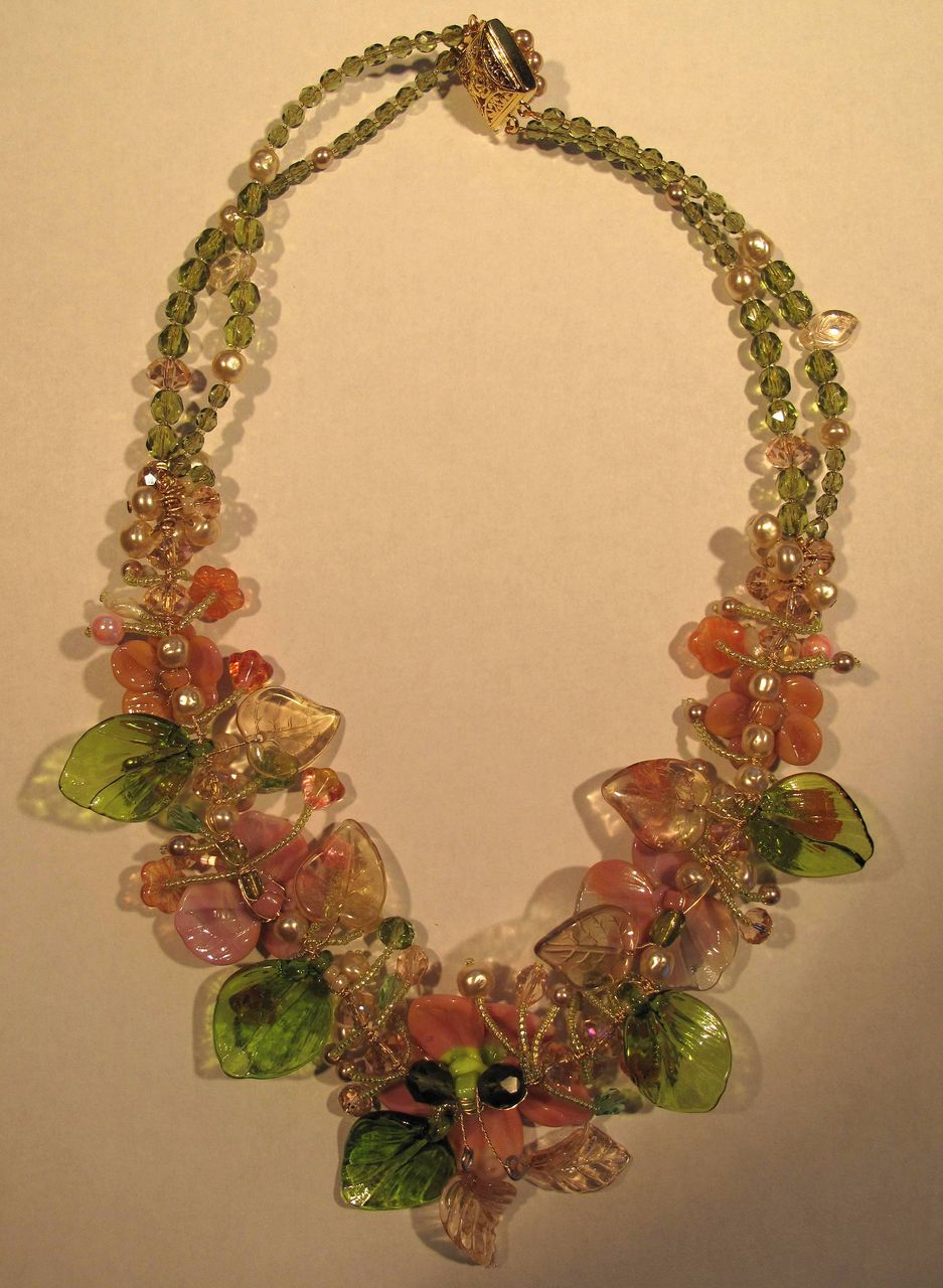 Sculptured Art Glass Flower Baroque Pearl Swarovski Crystal Beaded Necklace by Inna Victoria Sculptured Art Glass Flower Baroque Pearl Swarovski Crystal Beaded Necklace by Inna Victoria