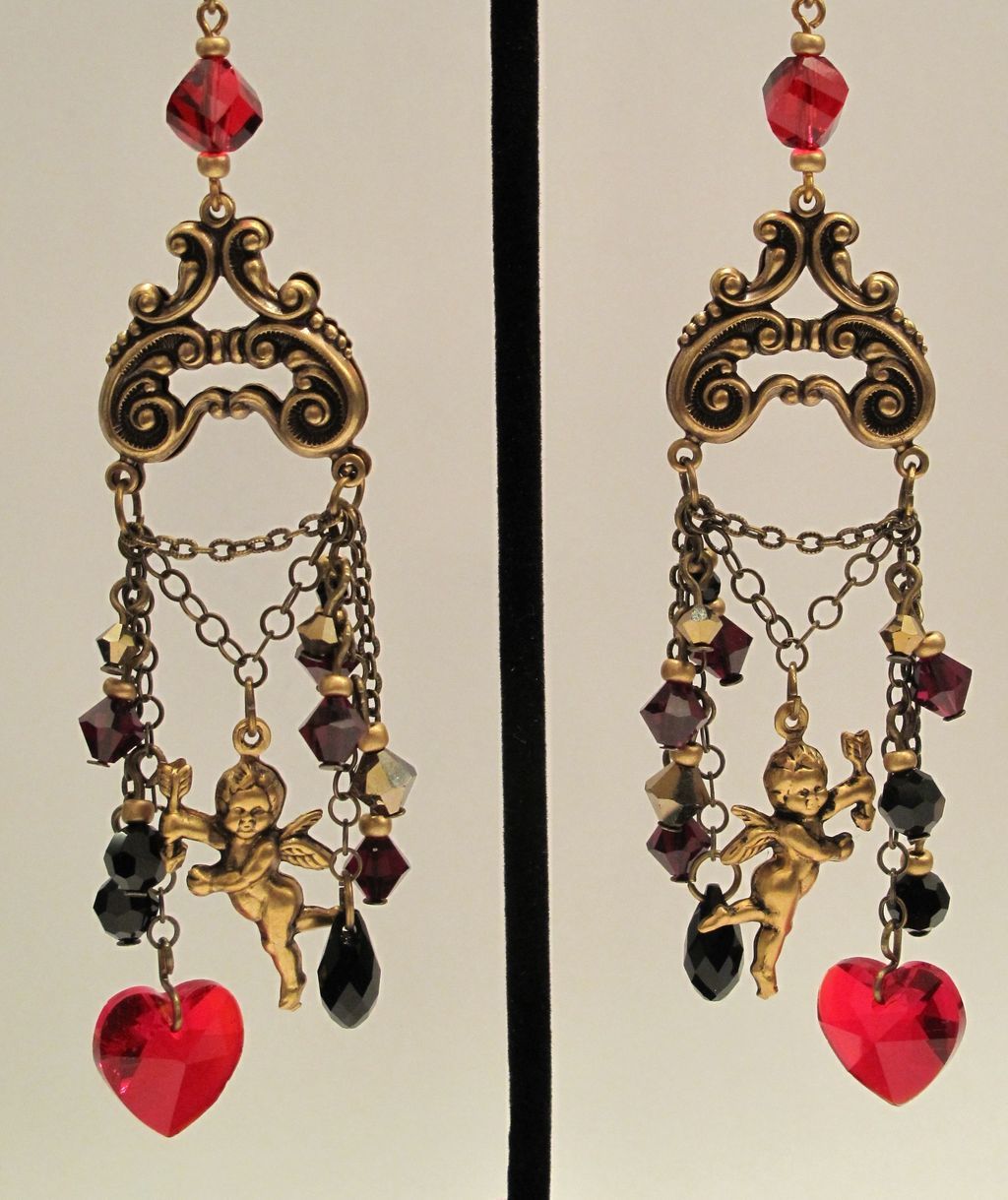 Chandelier Earrings Cupid Heart Swarovski Garnet, Jet Black, Gold Dorado Victorian Style, Valentine's Day Chandelier Earrings Cupid Heart Swarovski Garnet, Jet Black, Gold Dorado Victorian Style, Valentine's Day