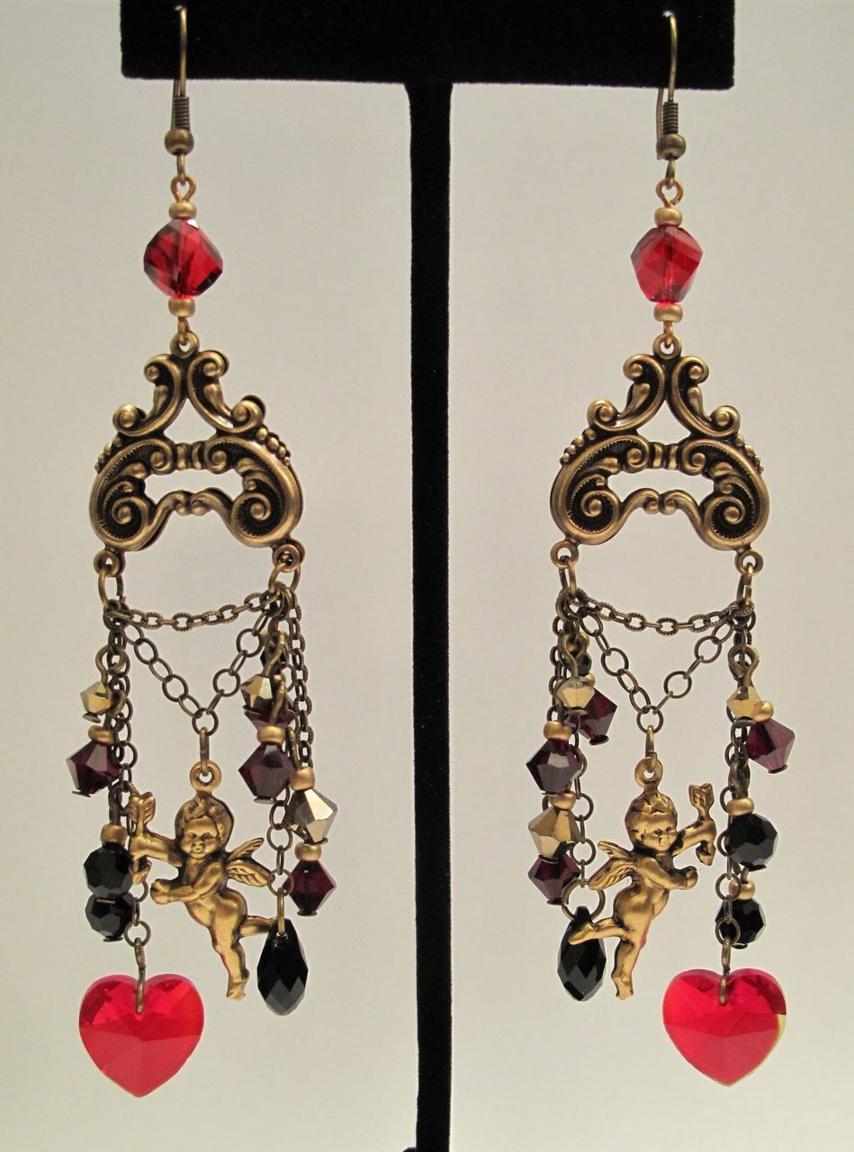 Chandelier Earrings Cupid Heart Swarovski Garnet, Jet Black, Gold Dorado Victorian Style, Valentine's Day Chandelier Earrings Cupid Heart Swarovski Garnet, Jet Black, Gold Dorado Victorian Style, Valentine's Day