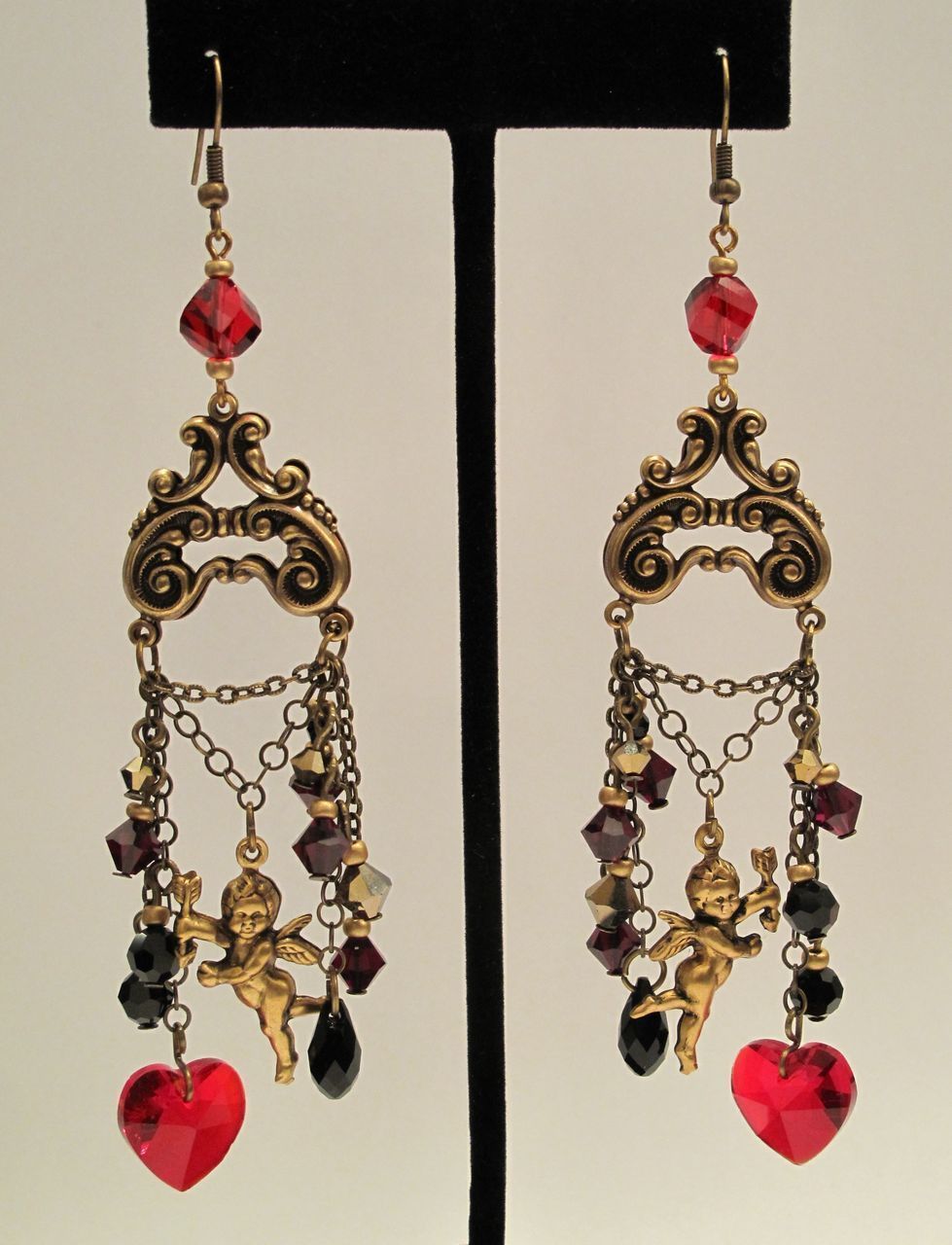 Chandelier Earrings Cupid Heart Swarovski Garnet, Jet Black, Gold Dorado Victorian Style, Valentine's Day Chandelier Earrings Cupid Heart Swarovski Garnet, Jet Black, Gold Dorado Victorian Style, Valentine's Day