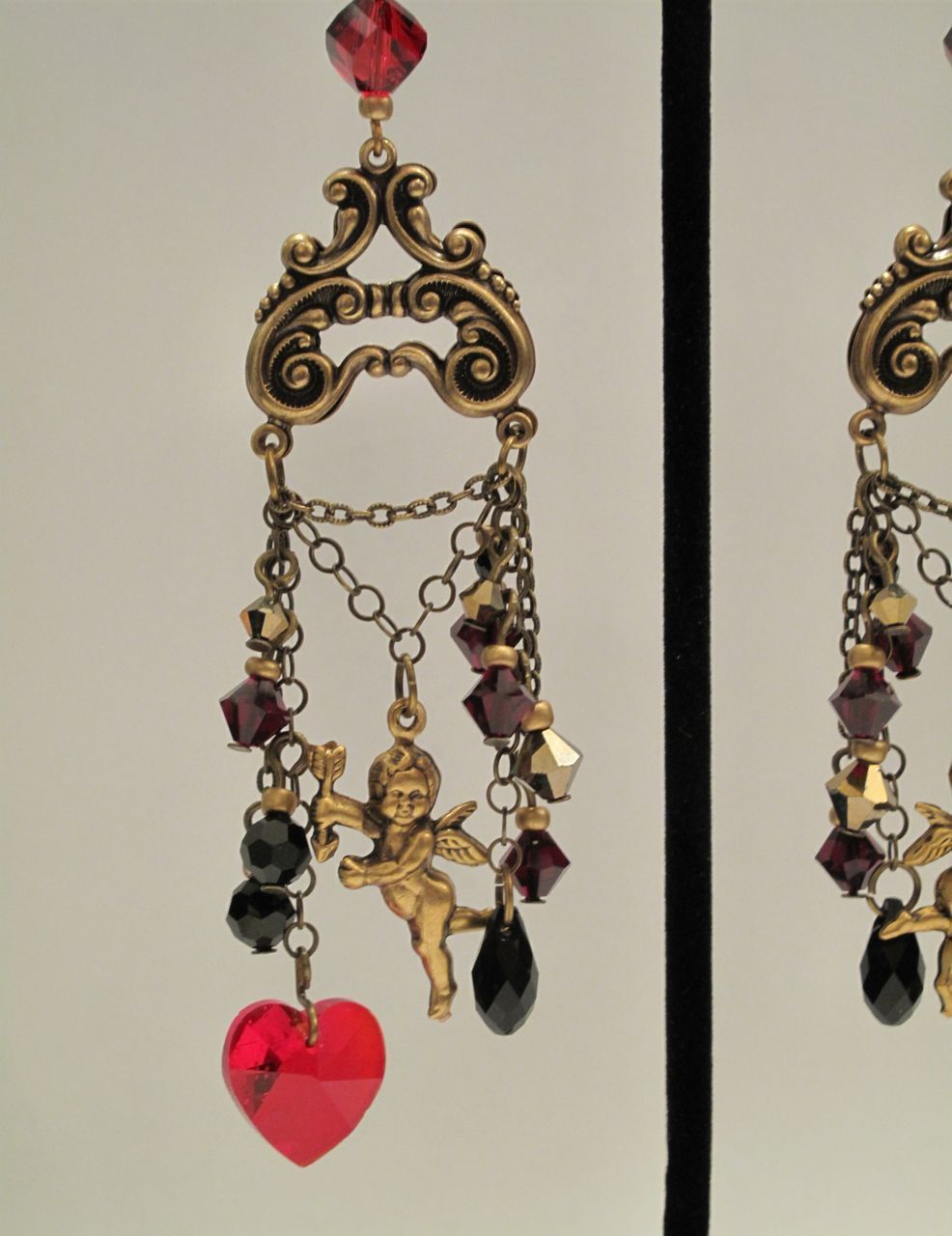 Chandelier Earrings Cupid Heart Swarovski Garnet, Jet Black, Gold Dorado Victorian Style, Valentine's Day Chandelier Earrings Cupid Heart Swarovski Garnet, Jet Black, Gold Dorado Victorian Style, Valentine's Day