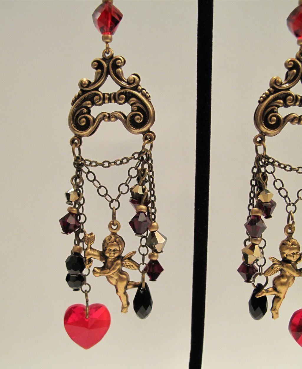 Chandelier Earrings Cupid Heart Swarovski Garnet, Jet Black, Gold Dorado Victorian Style, Valentine's Day Chandelier Earrings Cupid Heart Swarovski Garnet, Jet Black, Gold Dorado Victorian Style, Valentine's Day