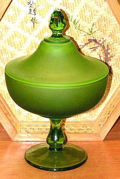 Vintage Glass Covered Jar Pedestal Footed Green Satin Vintage Glass Covered Jar Pedestal Footed Green Satin