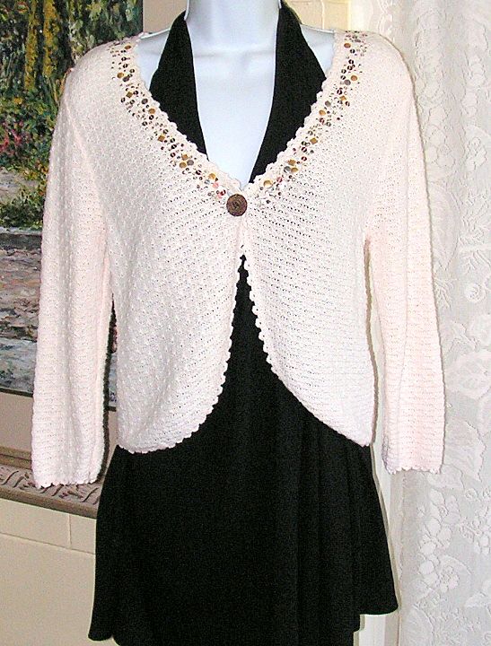 Hand Crochet Cardigan Sequins Beads Chatons Cream Cotton Blend Hand Crochet Cardigan Sequins Beads Chatons Cream Cotton Blend