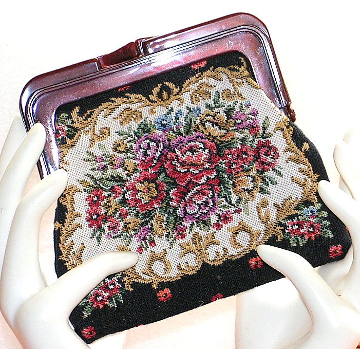 Vintage Purse Tapestry Petit Point Floral Fabric Celluloid Frame Vintage Purse Tapestry Petit Point Floral Fabric Celluloid Frame