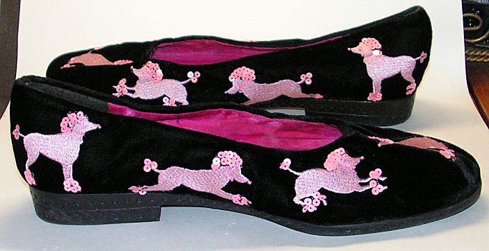 Vintage Designer Shoes Beverly Feldman Pink Sequin Poodles Black Velvet Flats Vintage Designer Shoes Beverly Feldman Pink Sequin Poodles Black Velvet Flats