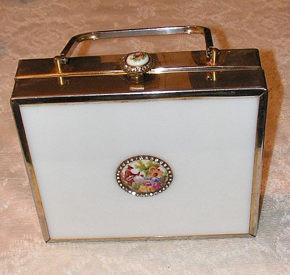 Vintage Lucite Metal Box Purse Flirt Scene Medallion Rhinestones Tyrolean Handbag Vintage Lucite Metal Box Purse Flirt Scene Medallion Rhinestones Tyrolean Handbag