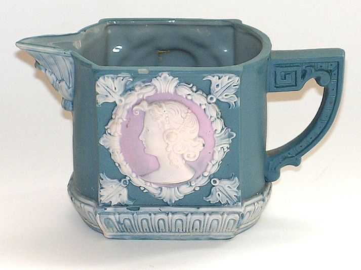 Antique Schafer Vater Jasperware Creamer Pitcher Cameo Lady Jug Antique Schafer Vater Jasperware Creamer Pitcher Cameo Lady Jug