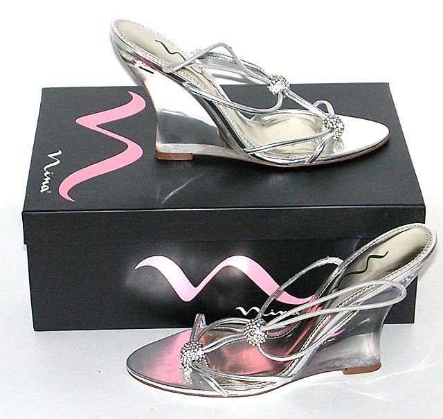 NINA Shoes Strappy Sandals Silver Rhinestones Wedge Heels Lucite Perspex NINA Shoes Strappy Sandals Silver Rhinestones Wedge Heels Lucite Perspex