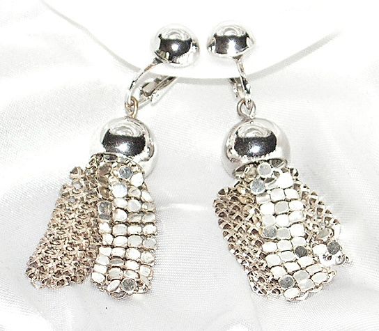 Vintage Earrings Mesh Dangle Chains Disco Ball Silver Tone Vintage Earrings Mesh Dangle Chains Disco Ball Silver Tone