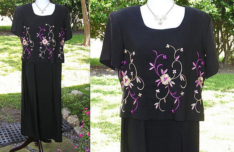 Vintage Maxi Dress Black Embroidered Gold Purple Betsy's Things Formal Lined Vintage Maxi Dress Black Embroidered Gold Purple Betsy's Things Formal Lined