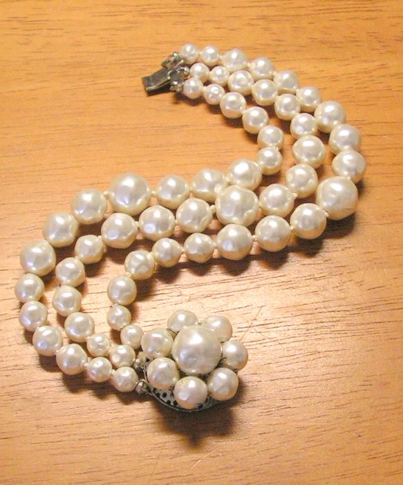 Vintage Bracelet Faux Baroque Pearls Three Knotted Strands Japan Vintage Bracelet Faux Baroque Pearls Three Knotted Strands Japan