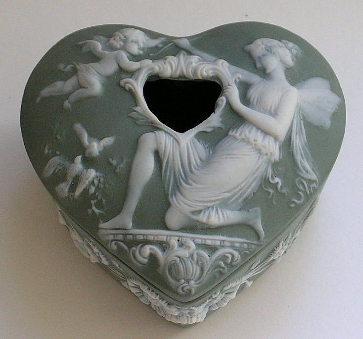 Schafer and Vater Jasperware Box Hair Receiver Fairy and Cupid Cherub Heart Schafer and Vater Jasperware Box Hair Receiver Fairy and Cupid Cherub Heart