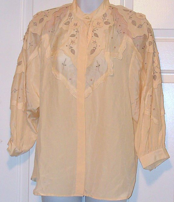 Vintage Silk Poet Shirt Mercedes Adrienne Romantic 80s Applique Embroidered Vintage Silk Poet Shirt Mercedes Adrienne Romantic 80s Applique Embroidered